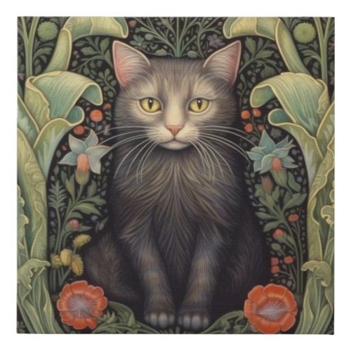 Art nouveau black cat and red flowers faux canvas print