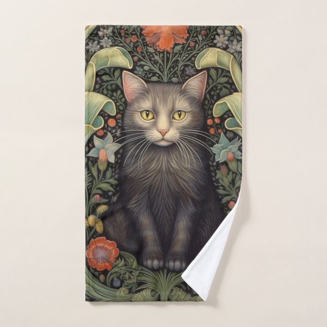 Art nouveau black cat and red flowers hand towel  (Hand Towel)
