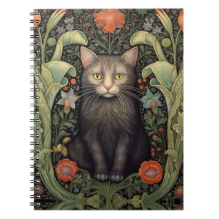 Art nouveau black cat and red flowers notebook