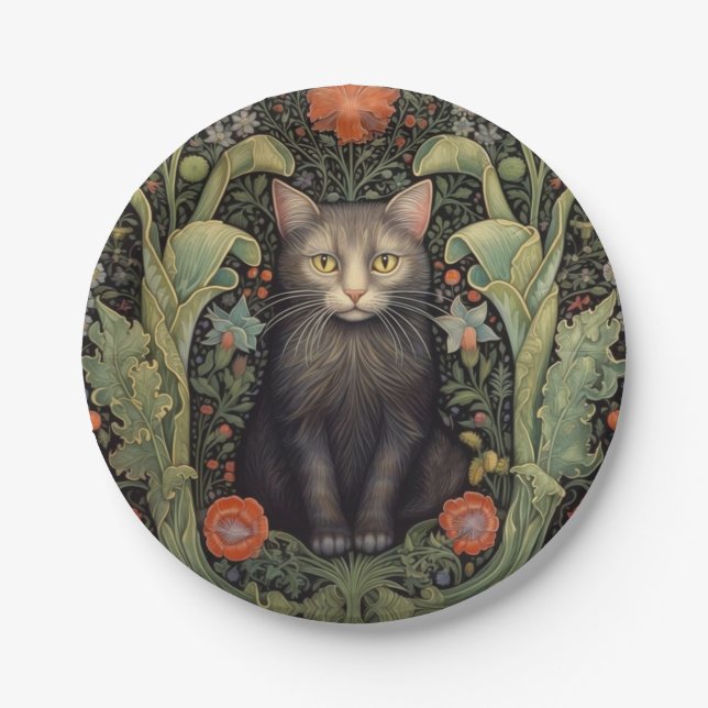 Art nouveau black cat and red flowers paper plates (Front)