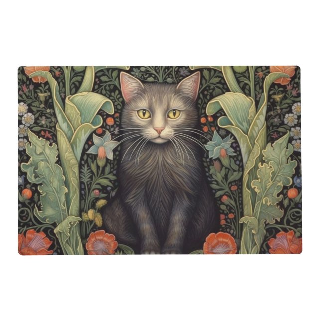 Art nouveau black cat and red flowers placemat (Front)