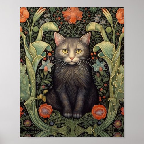 Art nouveau black cat and red flowers poster