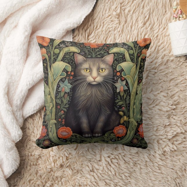 Art nouveau black cat and red flowers throw pillow (Blanket)
