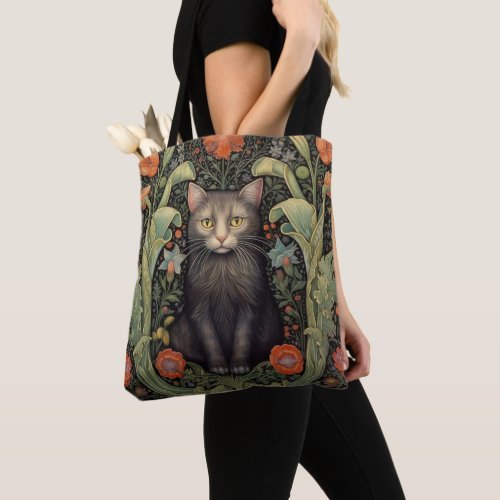 Art nouveau black cat and red flowers tote bag