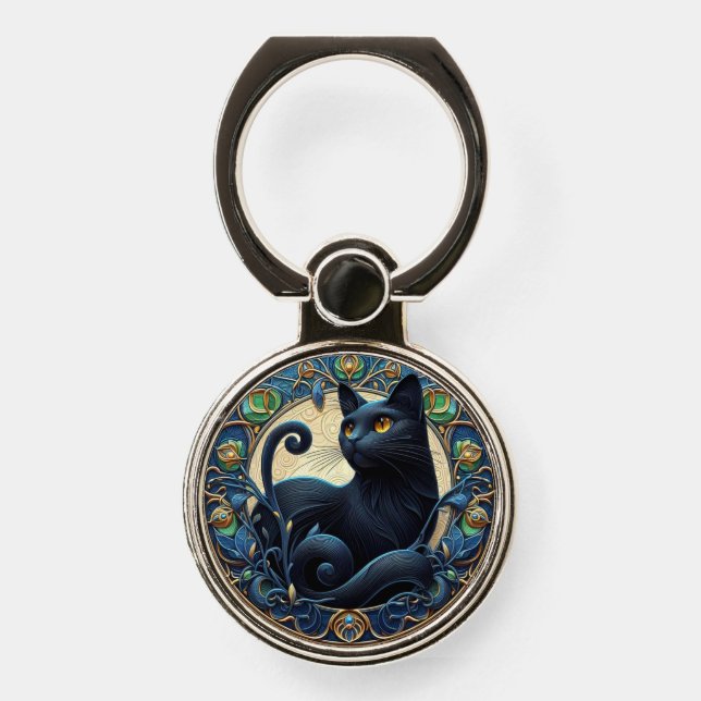 Art Nouveau Black Cat Cell Phone Ring Holder (Front)