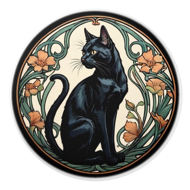 Art Nouveau Black Cat Ceramic Knob (Front)
