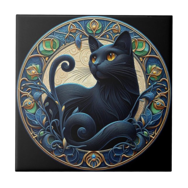 Art Nouveau Black Cat Ceramic Tile (Front)