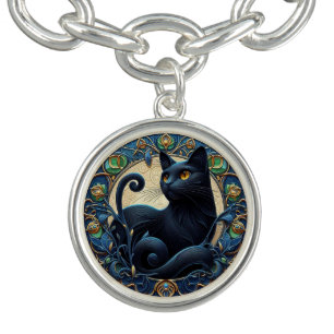 Art Nouveau Black Cat Charm  Bracelet