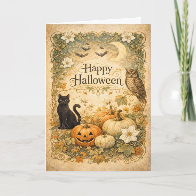 Art Nouveau Black Cat Owl Halloween Card (Front)