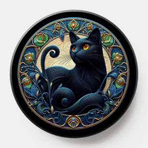 Art Nouveau Black Cat PopSocket with Emerald Green