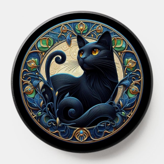 Art Nouveau Black Cat PopSocket with Emerald Green (Popsocket)