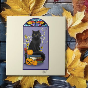 Art Nouveau Black Cat Pumpkin Purple Autumn Yellow Ceramic Tile