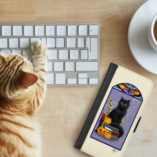 Art Nouveau Black Cat Pumpkin Purple Autumn Yellow iPhone 8/7 Wallet Case