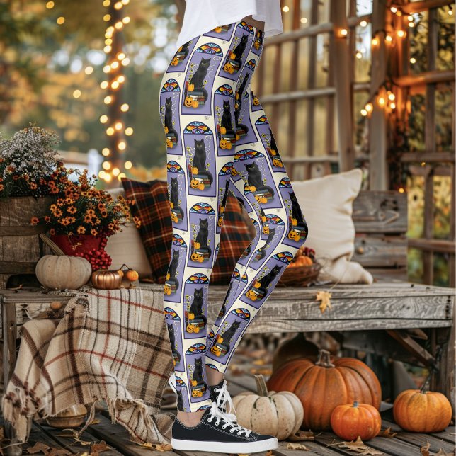 Art Nouveau Black Cat Pumpkin Purple Autumn Yellow Leggings (Creator Uploaded)