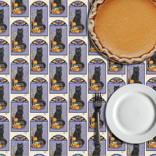 Art Nouveau Black Cat Pumpkin Purple Autumn Yellow Tablecloth