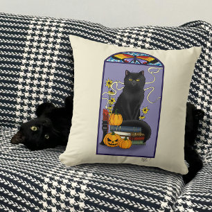 Art Nouveau Black Cat Pumpkin Purple Autumn Yellow Throw Pillow