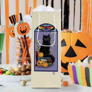 Art Nouveau Black Cat Pumpkin Purple Autumn Yellow Wine Gift Bag