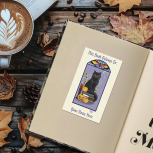 Art Nouveau Black Cat Pumpkin Purple Bookplate