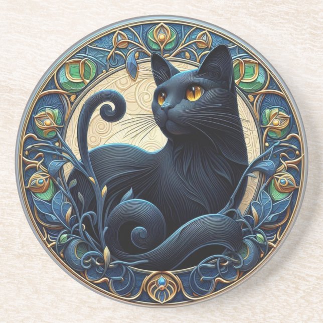 Art Nouveau Black Cat Stone Coaster (Front)