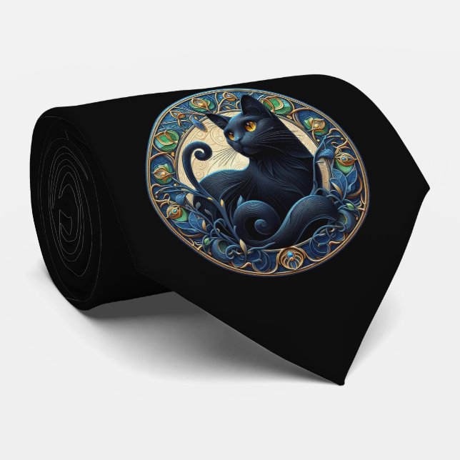 Art Nouveau Black Cat Tie (Rolled)