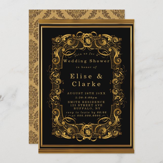Art Nouveau Black Gold Royal Wedding Shower Invite (Front/Back)