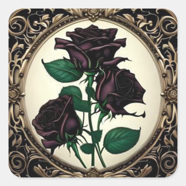 Art Nouveau Black Rose Botanical Art Square Sticker (Front)