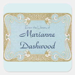 Art Nouveau Blue and Gold Framed Bookplate