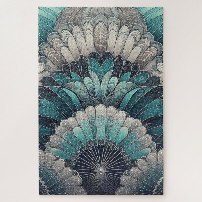 Art Nouveau Blue and Silver Fans Jigsaw Puzzle (Vertical)
