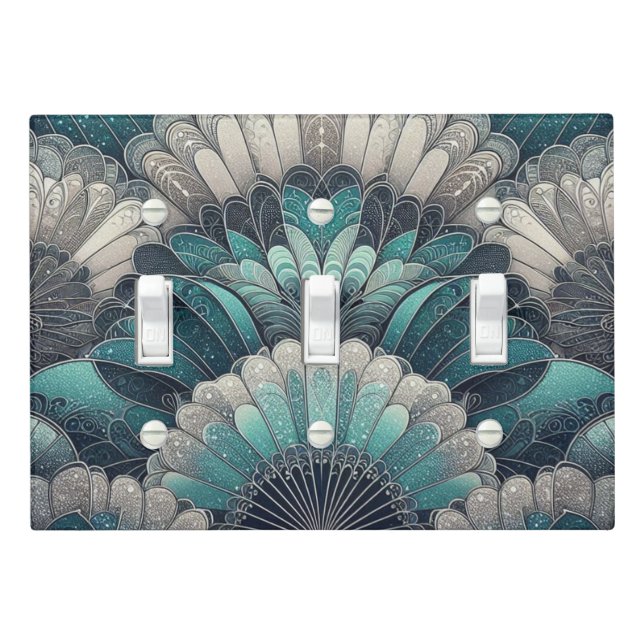 Art Nouveau Blue and Silver Fans Light Switch Cover (In Situ)