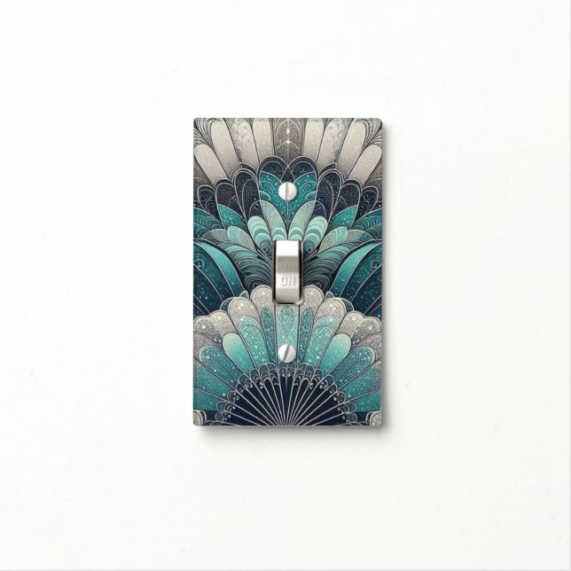 Art Nouveau Blue and Silver Fans Light Switch Cover (In Situ)