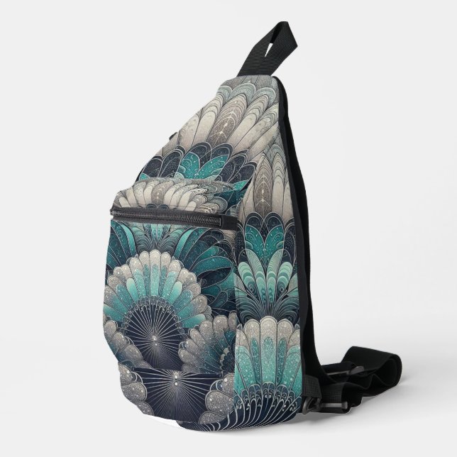 Art Nouveau Blue and Silver Fans Sling Bag (Right Corner)