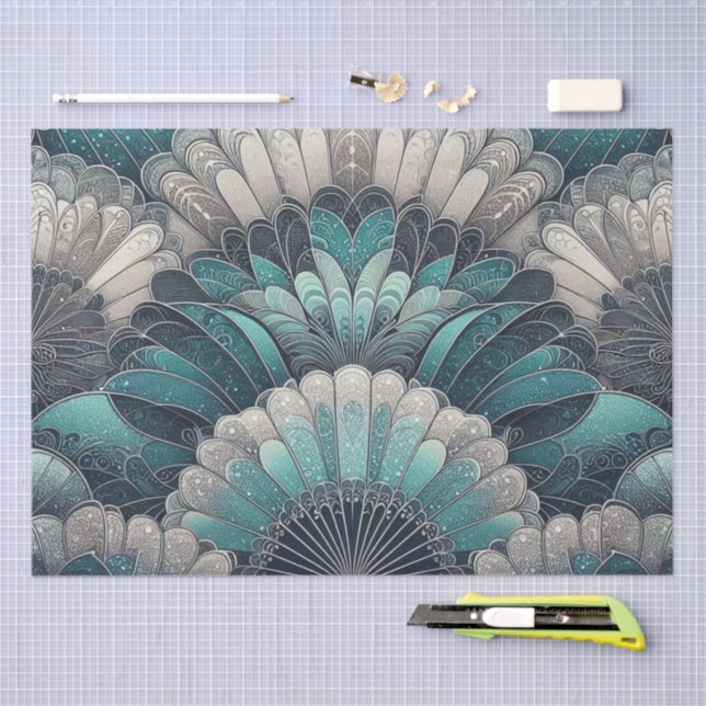 Art Nouveau Blue and Silver Fans Tissue Paper (Craft)