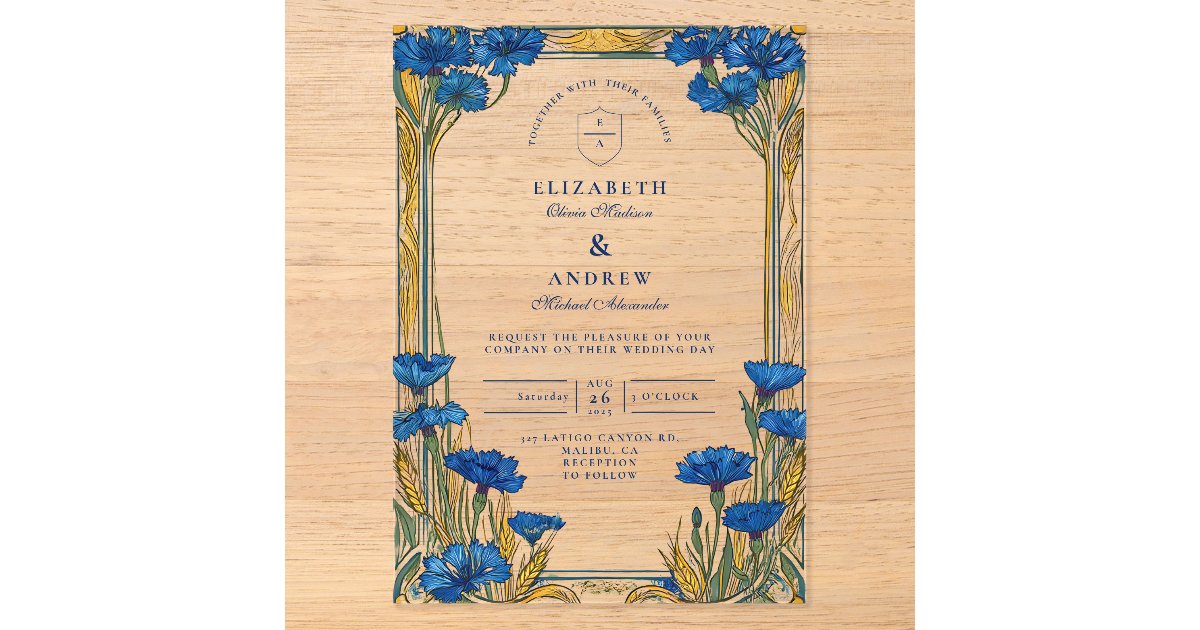 Art Nouveau Blue Cornflower Wedding Acrylic Invitations | Zazzle