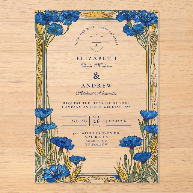 Art Nouveau Blue Cornflower Wedding Acrylic Invitations (Front)
