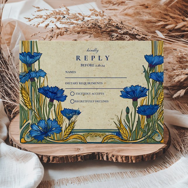 Art Nouveau Blue Cornflower Wedding RSVP Card (Creator Uploaded)
