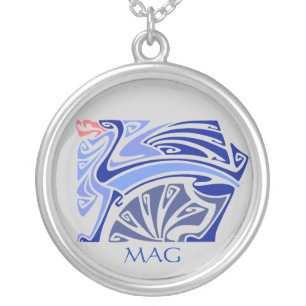 Art nouveau blue dragon with monogram silver plated necklace