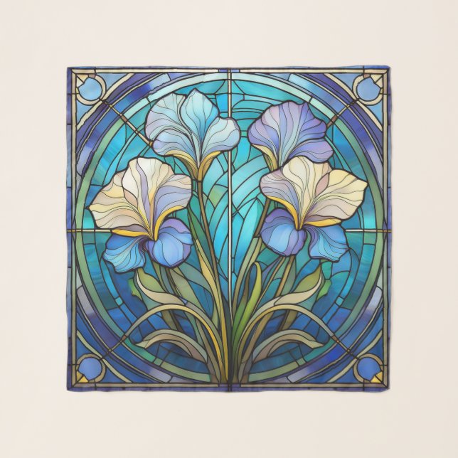 Art Nouveau Blue Floral Stained-Glass Botanical Scarf (Front)