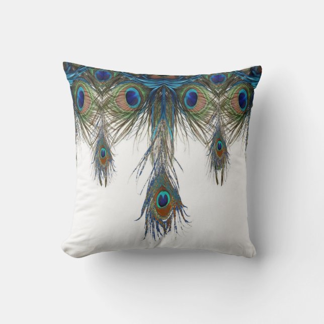 ART NOUVEAU BLUE-GREEN PEACOCK FEATHERS ART THROW PILLOW (Front)
