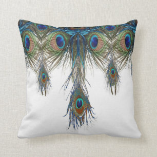 ART NOUVEAU BLUE-GREEN PEACOCK FEATHERS ART THROW PILLOW