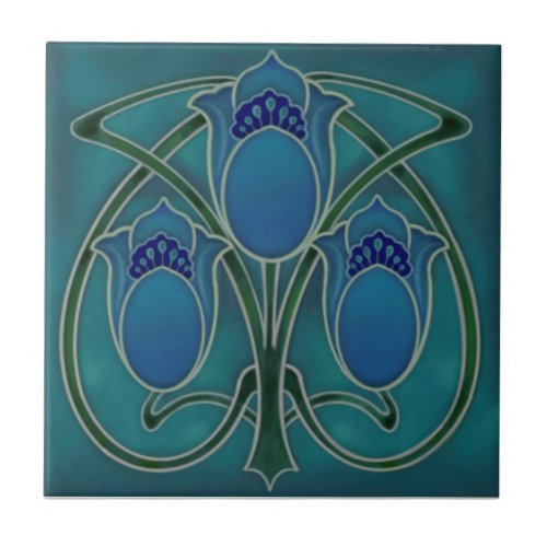 Art Nouveau Blue Green Tulip Trio Repro c1900  Ceramic Tile