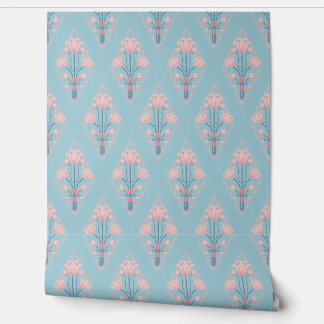Art Nouveau Blue Pink Botanical Floral Pattern Wallpaper