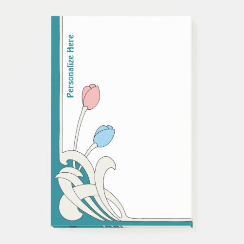 Art Nouveau Blue  Pink Tulips Personalized Post_it Notes