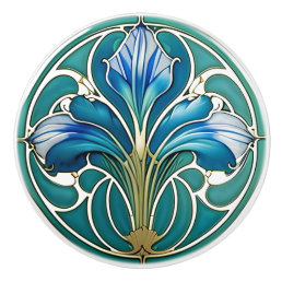 Art Nouveau Blue Stylized Lily 2 Ceramic Knob