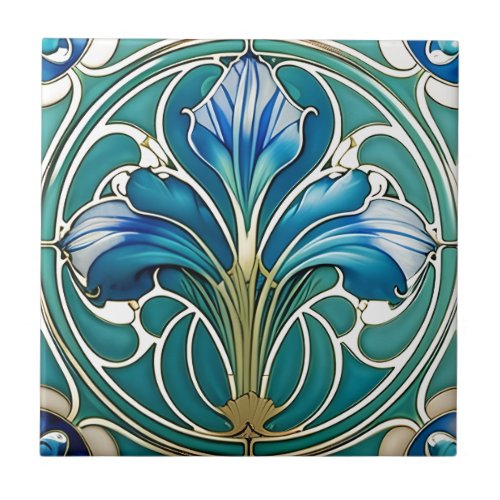 Art Nouveau Blue Stylized Lily 2 Ceramic Tile