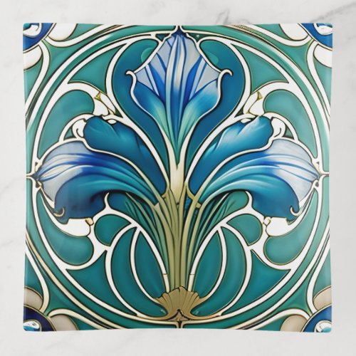 Art Nouveau Blue Stylized Lily 2 Trinket Tray