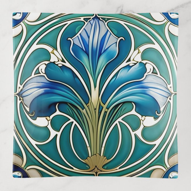 Art Nouveau Blue Stylized Lily 2 Trinket Tray (Front)