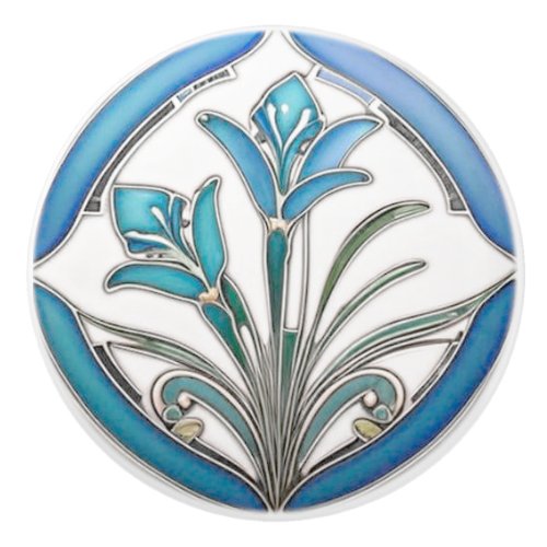 Art Nouveau Blue Stylized Lily Ceramic Knob