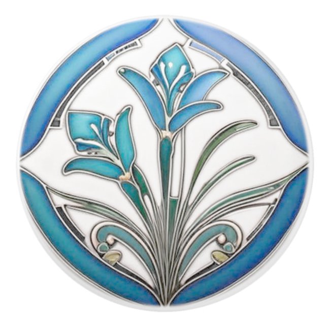 Art Nouveau Blue Stylized Lily Ceramic Knob (Front)