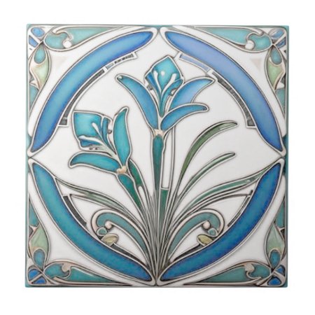 Art Nouveau Blue Stylized Lily Ceramic Tile