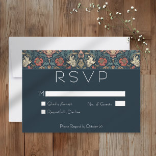 Art Nouveau Blue William Morris Floral Wedding RSVP Card